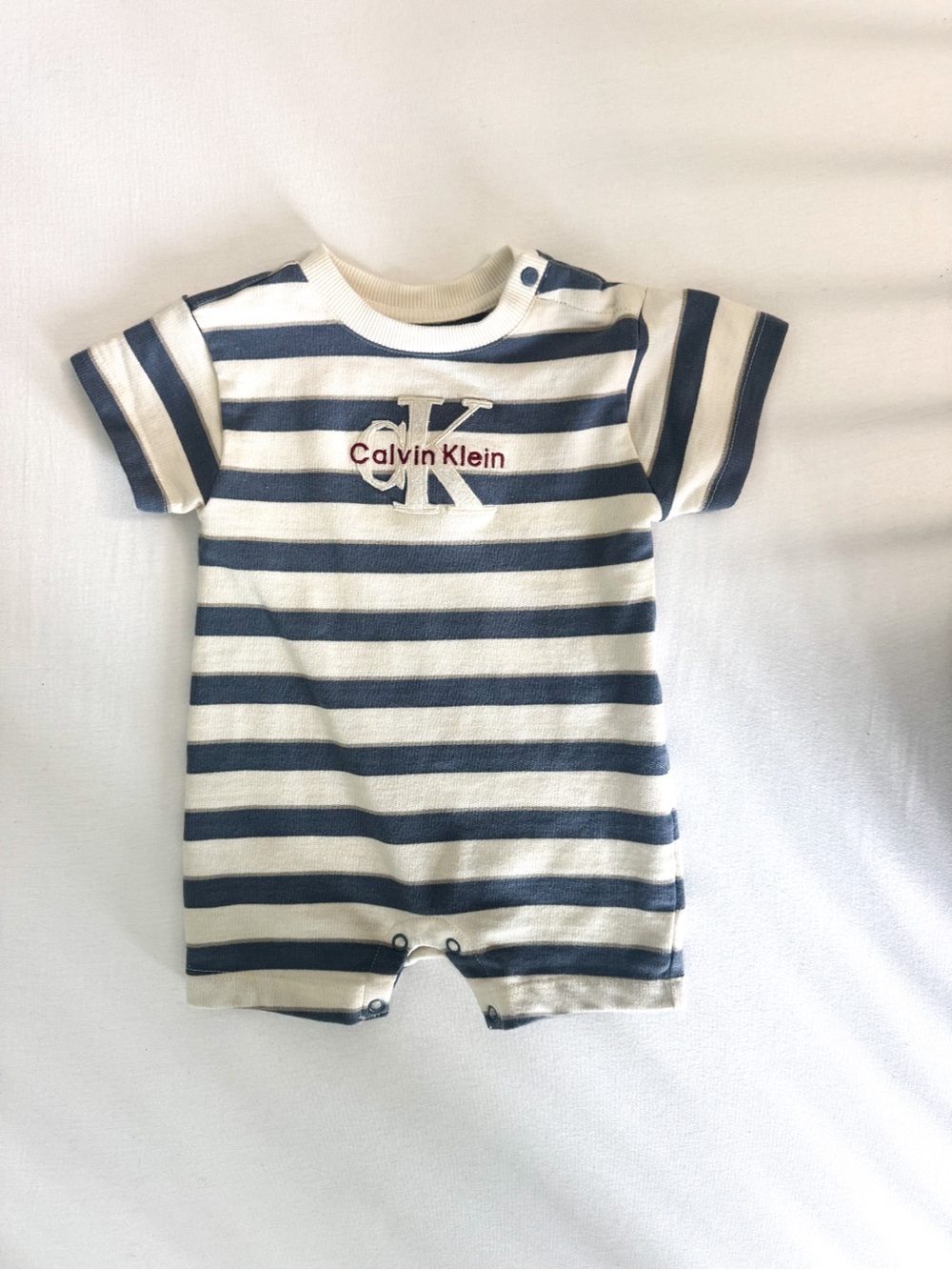 Calvin Klein Navy & Cream Striped Baby Romper